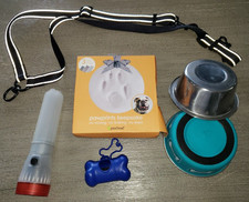 DOG PAWPRINT KEEPSAKE DOUBLE DOG WALK LEASH 2 BOWLS FLASHLIGHT POOPIE BAG HOLDER