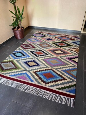 Designer Teppich Orientalisch Schurwolle Wohnzimmer Handgewebt Kelim hell Rauten