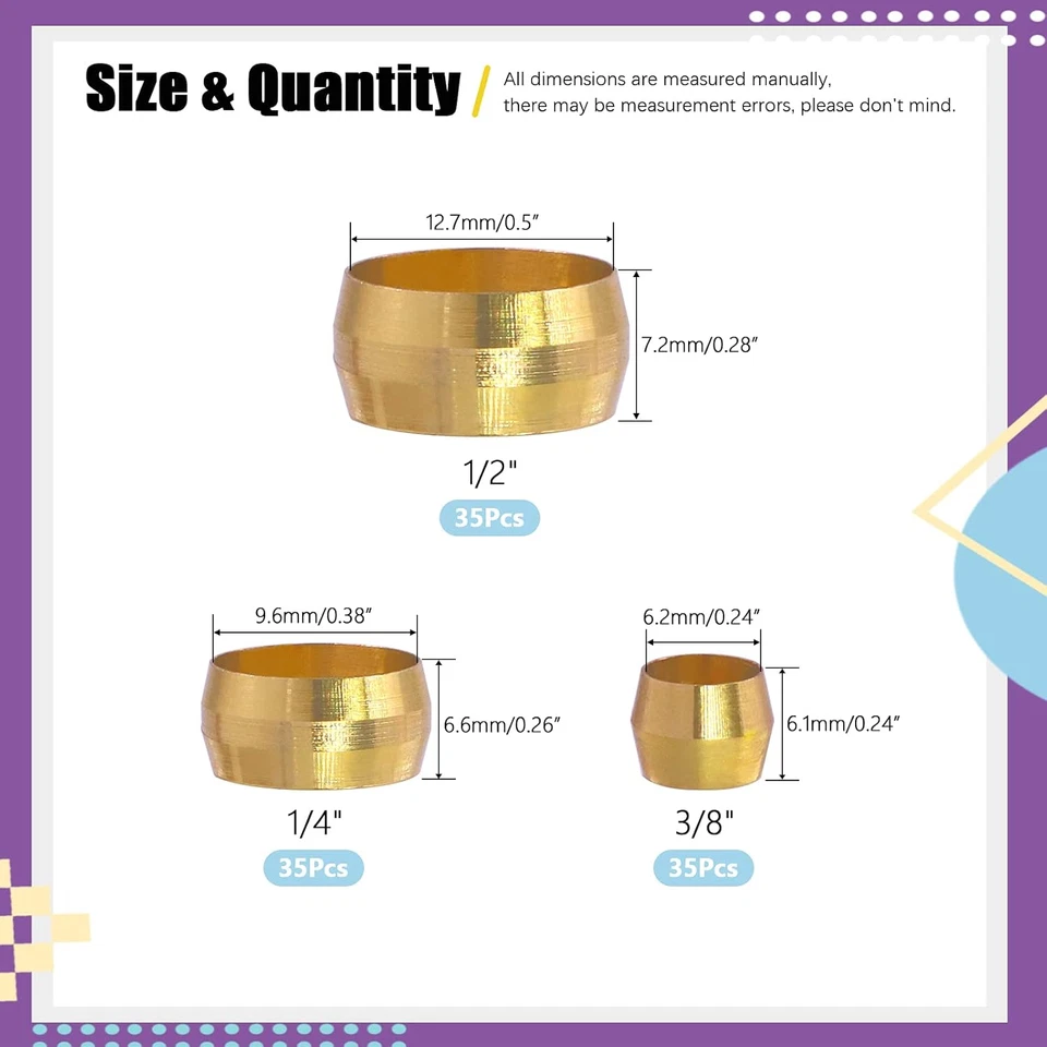 Swpeet 105 Pcs Tube OD 1/4'' 3/8'' 1/2'' Brass Compression Sleeves Ferrules, 3 S - Image 2 of 4