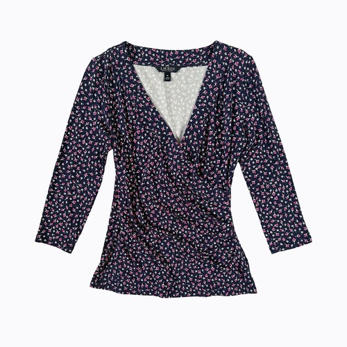 Lauren Ralph Lauren Wrap Top French Navy Floral 3/4 Sleeve Y2K Whimsigoth Sz M - Picture 3 of 9
