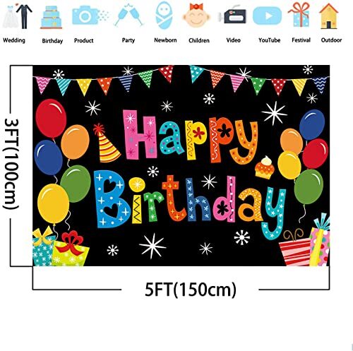 DIZHI Happy Birthday Banner Backdrop Colorful Happy Birthday Party 5x3ft - Picture 3 of 8