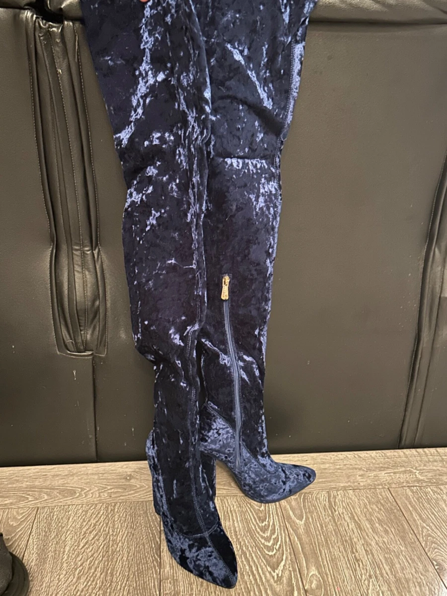 Crushed velvet thigh high boots hotsell