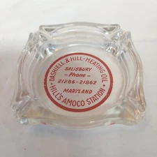 Vintage Glass Adv. Ashtray Hill's Amoco Station Phone 21286-21862 Salisbury Md.
