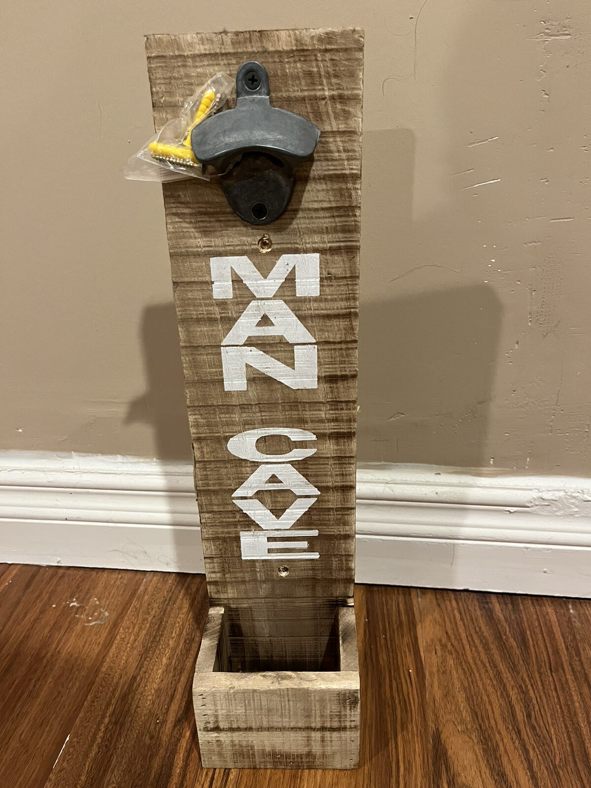 Wooden Man Cave Sign With Metal Bottle Opener & Bottle Cap Storage 17.75