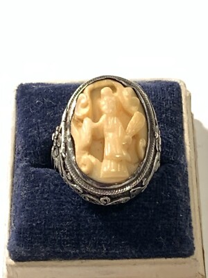 Vintage Chinese Export Sterling Silver Carved Mother Of Pearl Poison Ring Sz5.25