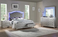 Contemporary Luxury LED Bedroom Set King Size 4pc Storage Bed Silver Finish