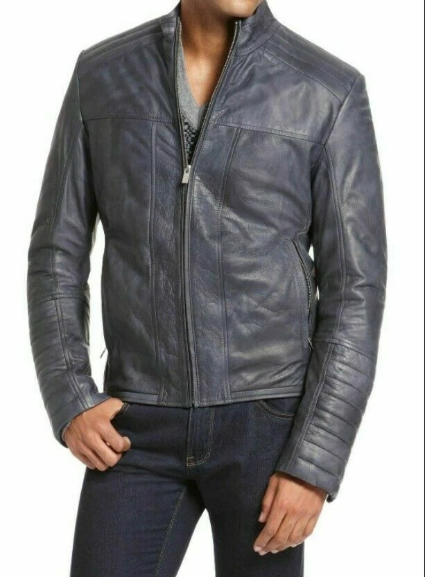 Leather jacket for Mens 100% Lambskin Real Leather Slim Fit Grey Stylish Jacket