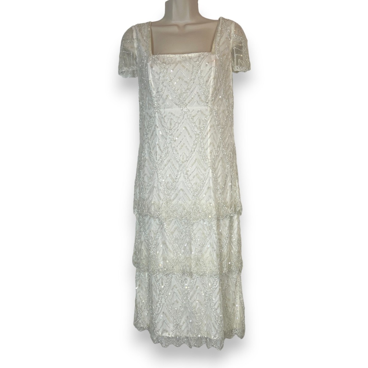 pisarro nights sequin dress Pisarro Nights Sequin Beaded Dress 4 Ivory White Cocktail Evening Formal  Summer