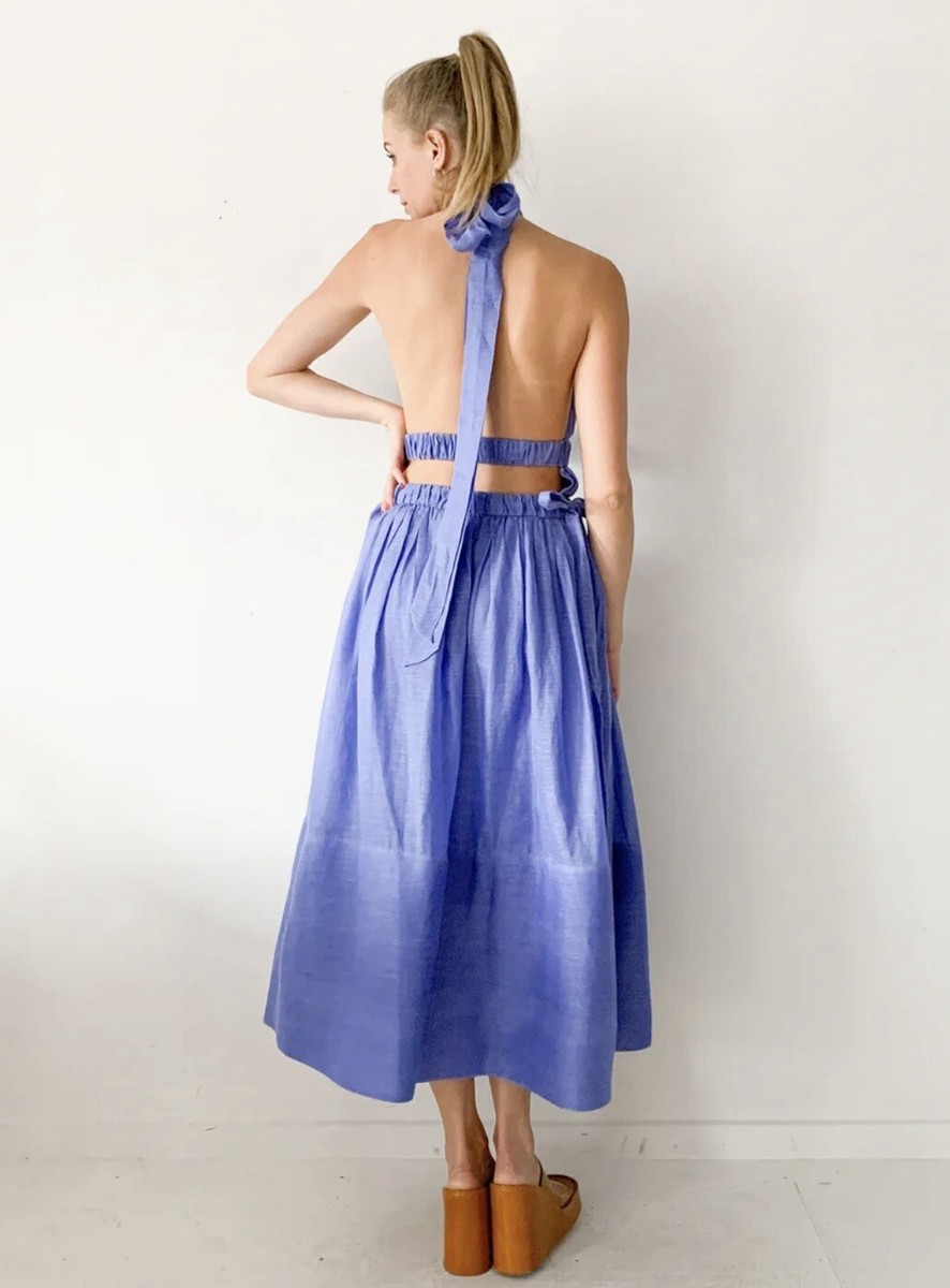 slim fit dress slacks Zimmerman White Blue Floral Ruffle Drawstring Halter Tie Mini Dress – The  Closet New York main image 0