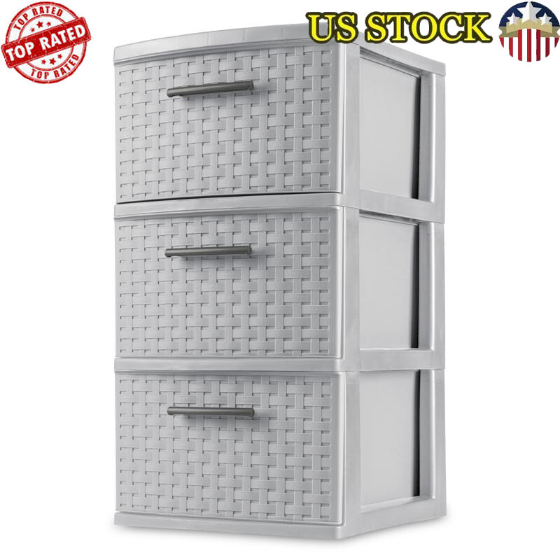 3 Drawer Weave Storage Tower Plastic Drawer Units Organizer Durable Lightweight