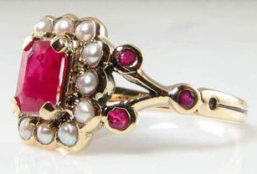 9K 9CT GOLD RUBY PEARL ART DECO INS CLUSTER COCKTAIL HALO RING FREE SIZING - Picture 4 of 9