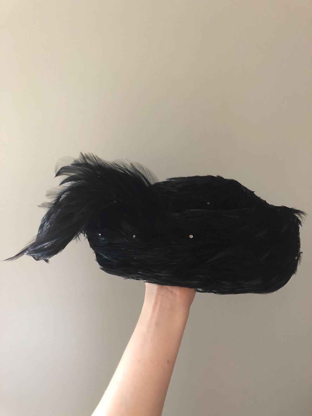 Vintage woman's black hat with feathers and sequins. Jack McConnell, Wool base image 3