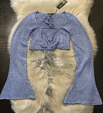 NWT DollsKill Current Mood Magic Cove Sparkle Blue Bell Sleeve Crop Knit Top S