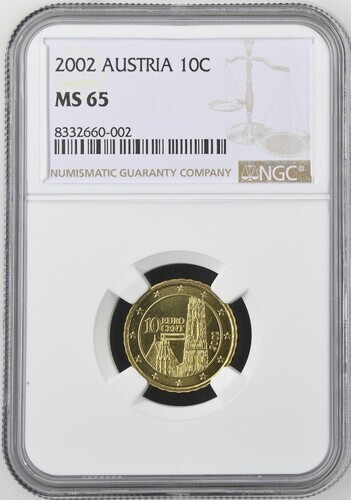 2002 Austria 10 Euro Cent NGC MS65 Brass Coin 10C - Picture 3 of 8
