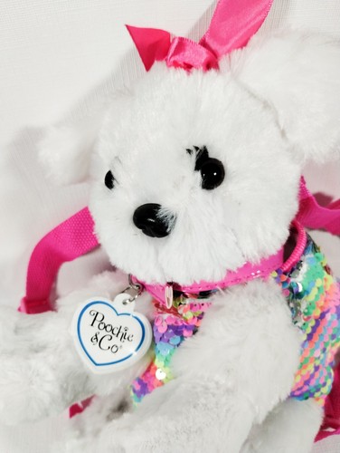 Poochie & Co White Plush Puppy Dog Kids Back Pack Sequin 9" Purse - Picture 2 of 6