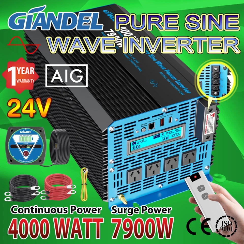4000W Inverter 7900W Peak Power Pure Sine Wave 24V/240V GIANDEL Wireless Remote