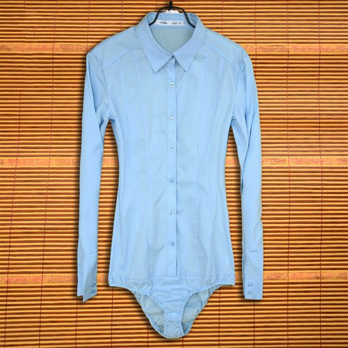 Damen Body Anzug Hemd Bluse Knöpfe Shorts Langärmlig Top Weiß Blau Baumwolle//1 - Bild 6 von 8