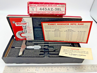 STARRETT 445AZ-3RL Depth Gage Micrometer  0-3'' w/ 3 5/32'' Measuring Rods USA