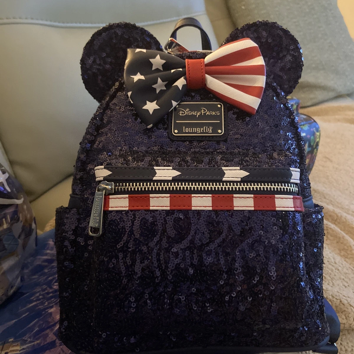 Loungefly Disney Parks Minnie Mouse Sequined Stars and Stripes Mini Backpack NWT