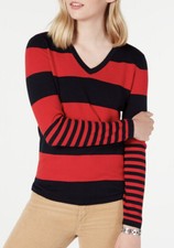New Tommy Hilfiger blends striped patterns cute cotton sweater Rugby Ivy V Neck