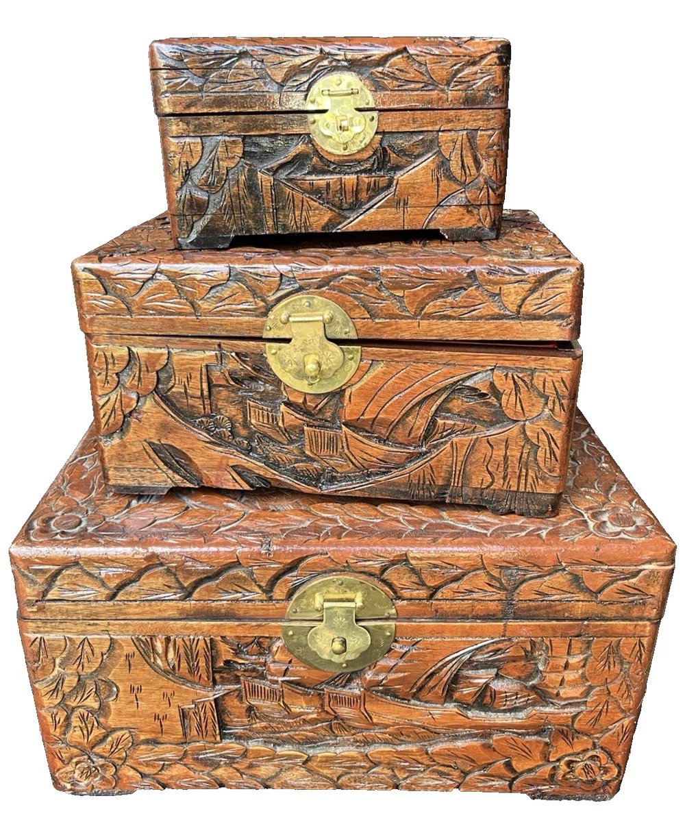 雕刻木盒在中式古董盒子| eBay