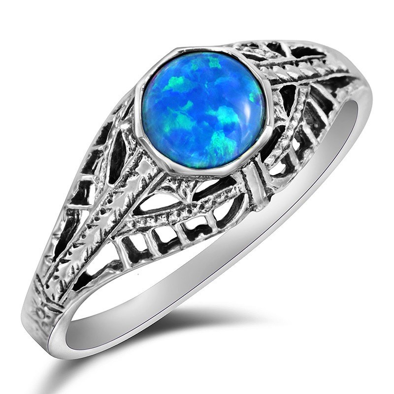1CT  Blue Fire Opal 925 Sterling Silver Vintage Look Ring Sz 8 F5-2