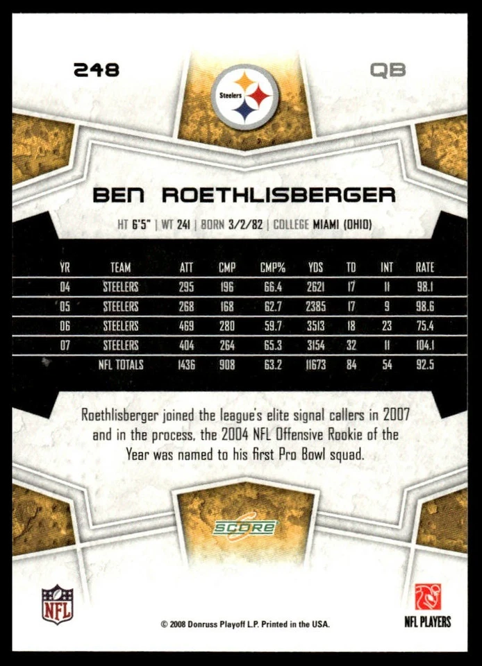 2008 Score #248 Ben Roethlisberger Super Bowl XLIII Black - Image 2 of 2