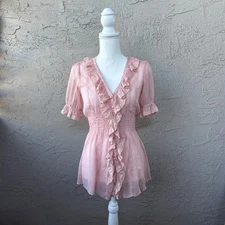 Twentyone Pink Ruffle Trim Sheer Blouse Top Short Sleeve Size S