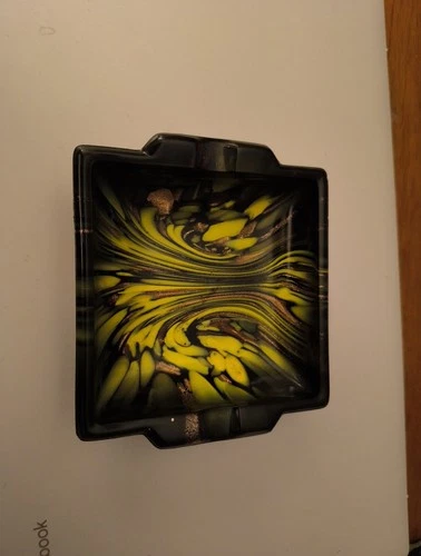 Murano Weil V Nason Green Yellow Copper Aventurine Glass Small Ashtray 4”