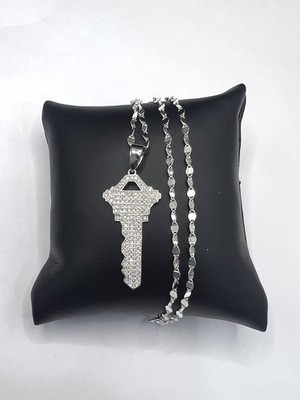 925 Sterling Silver 1.00CT MOISSANITE Pave Key Pendant Necklace Size 18 