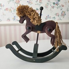 Vtg Wooden Rocking Horse Folk Art Primitive 9" Flocked Jute