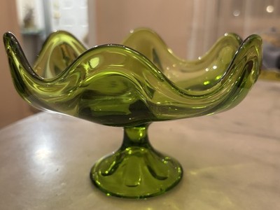 Vintage 1960's Viking Green Verde Glass 6 Petal Footed Compote / Candy MCM Bowl