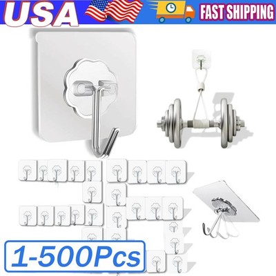 1~500 PCS Stainless Steel Adhesive Sticky Hooks Heavy Duty Wall Hook Hangers lot