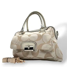 Authentic COACH Kristin 2way Shoulder Bag Ivory Beige Canvas Leather Turn Lo...