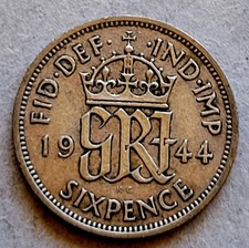 Silver Great Britain 1944 King George VI Silver Sixpence 
