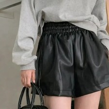 Leather Banding Shorts New Black Loose Fit