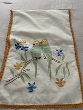 HAND EMBROIDERED BIRD PATTERN VINTAGE TABLE RUNNER, 15" X 42"
