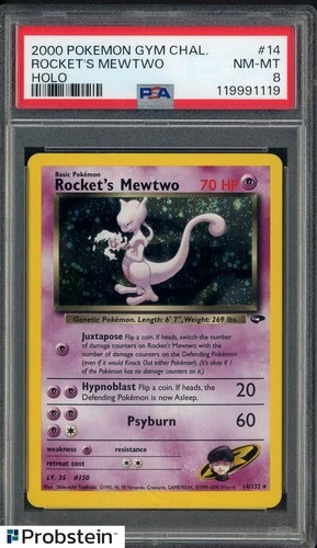 2000 Pokemon Gym Challenge #14 Rocket's Mewtwo Holo w/ Swirl PSA 8 NM-MT