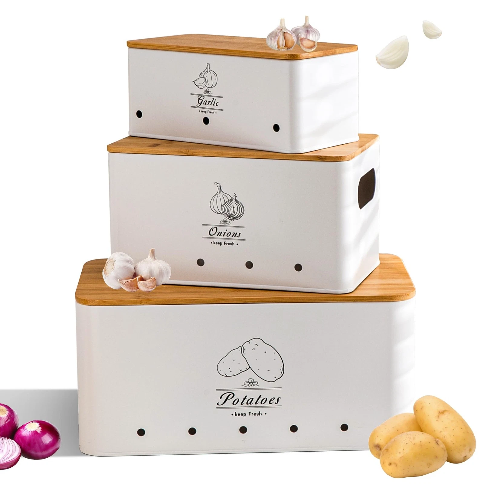Metal Potato Onion and Garlic Storage Tin Set of 3, White Kitchen Vegetable C...