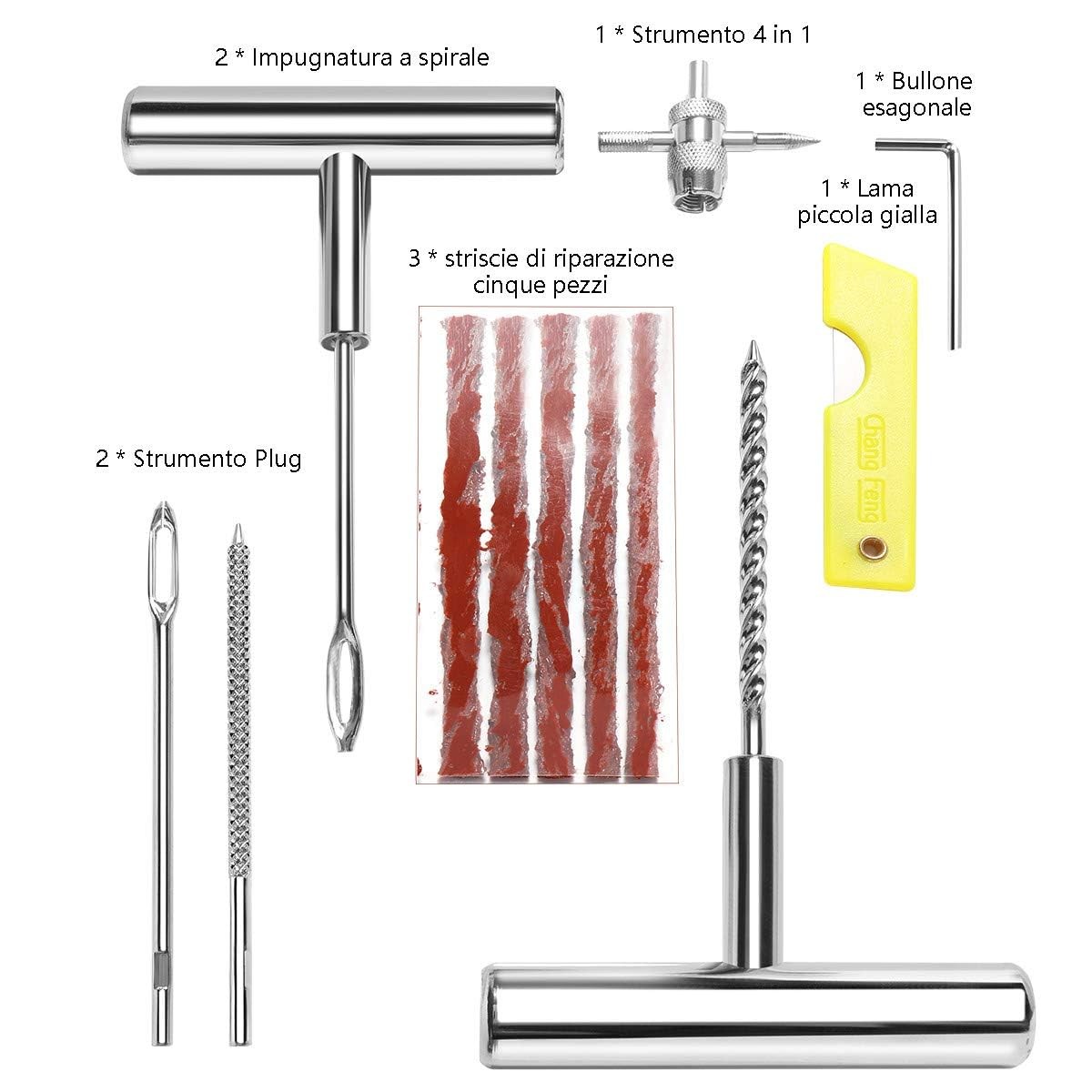 Kit Riparazione Pneumatici 22 Pezzi Strumenti Riparazione Auto Moto Emergenza - Miniatura 24