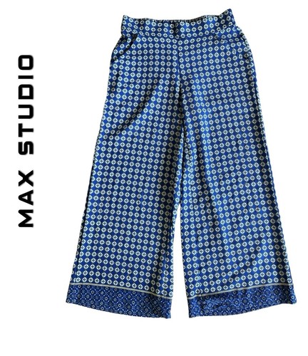 NWT MAX STUDIO Flowy Boho Wide Leg Blue Pants Size XS MSRP $98 Resort Wear
