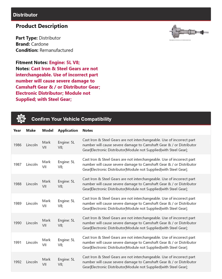 Para Lincoln Mark VII 1986-1992 5L V8 Distribuidor Cardone 1987 1988 1989 1990 Foto 2 de 4