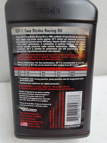 Torco GP-7 Two Stroke Racing Oil Pre-Mixed 16.9 Oz. Professional Synthetic Oil - Picture 5 of 8