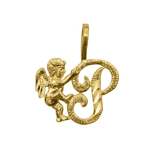 Genuine 14k Yellow Gold 0.59" Cherub and Cursive Script Initial Letter Pendant - Picture 20 of 25