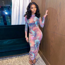 New Stylish Women O Neck Long Sleeves Mesh Colorful Print Bodycon Club Dress