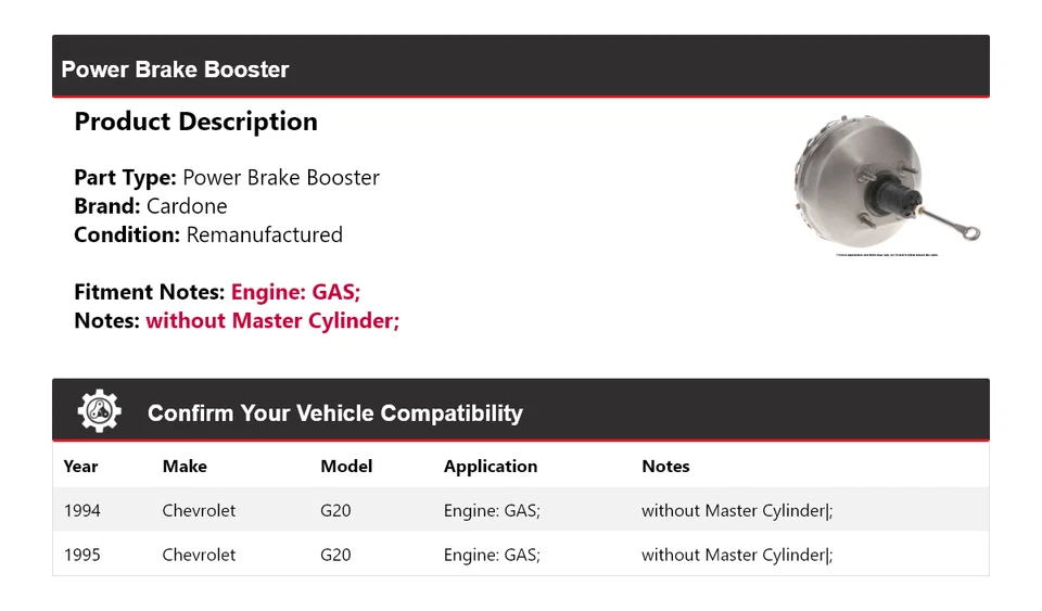 For 1994-1995 Chevrolet G20 GAS Power Brake Booster Cardone - Image 2 of 4