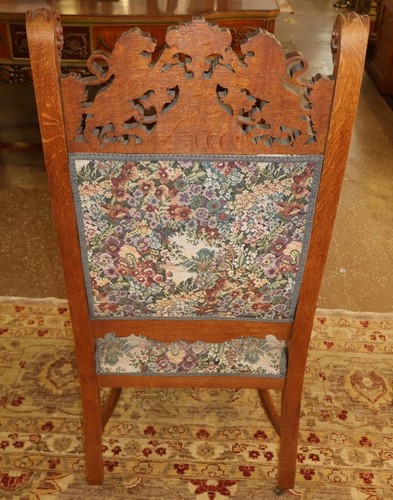 19th Century Tiger Oak Renaissance Revival Needlepoint Throne Office Arm Chair - Picture 5 of 13