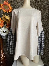 🦋DOE & RAE🦋Oatmeal /Black Plaid Long Bell Sleeve Cotton Top NWT | LARGE |