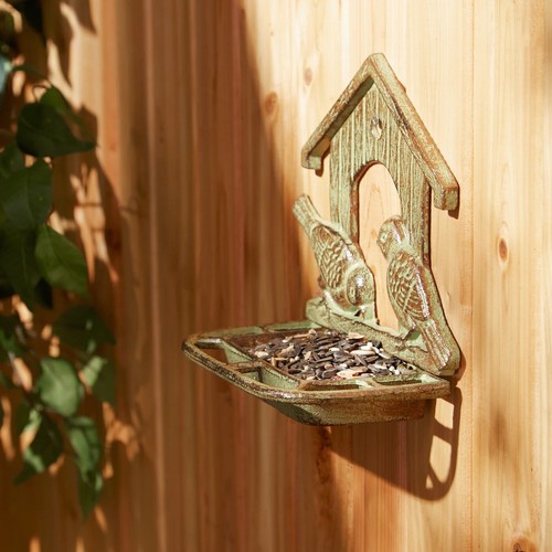 Iron House Bird Feeder Wall Mounted Porch Deck Fence Post Verdigris Decor 9" H - Picture 5 of 9
