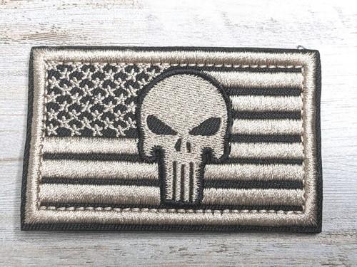 PUNISHER AMERICAN Patriot Flag Morale Patch Hook Loop Tan Black Tactical Gear
